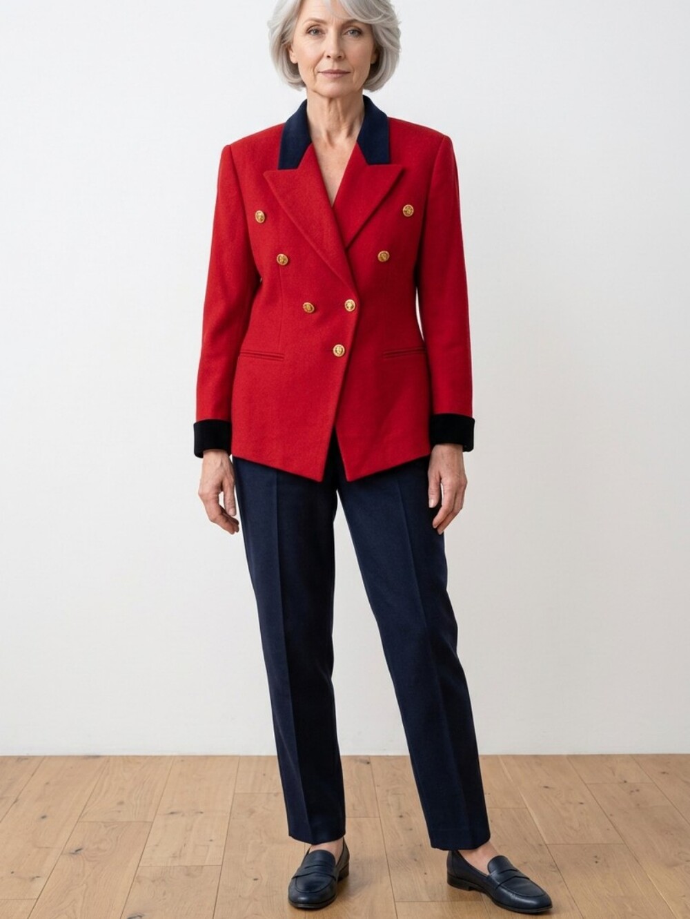 Louis Feraud Red Double-Breasted Wool & Cashmere Blazer Navy Trim Gold Buttons